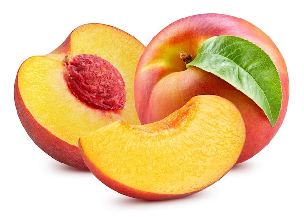 Photo peach isolated on white background. peach fruit clipping path. peach half macro studio photo