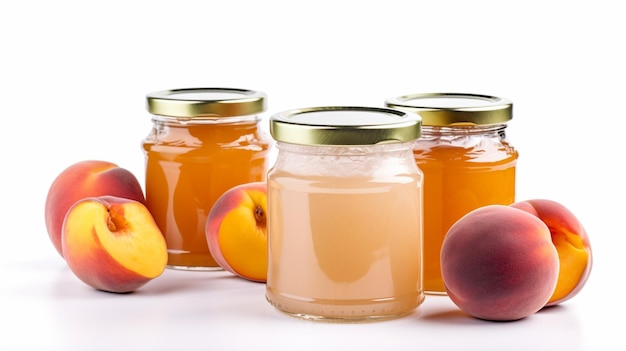 Peach jam with ripe peaches Jars on white background with Generative AI