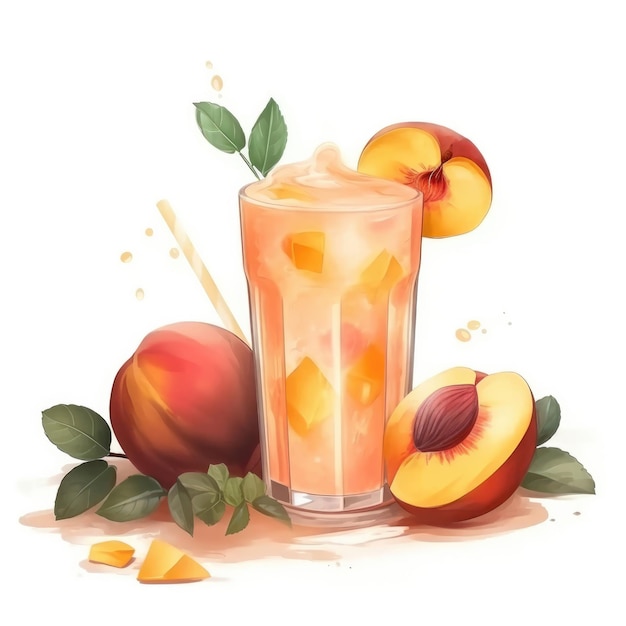 A peach juice is poured into a glass with peaches and leaves.