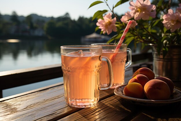 Photo peach juice in a lakeside coffee with rowing boats generative ia