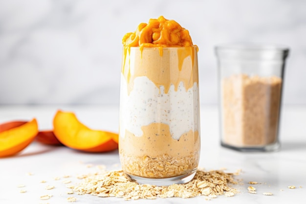 Peach overnight oats in a tall glass on a marble counter