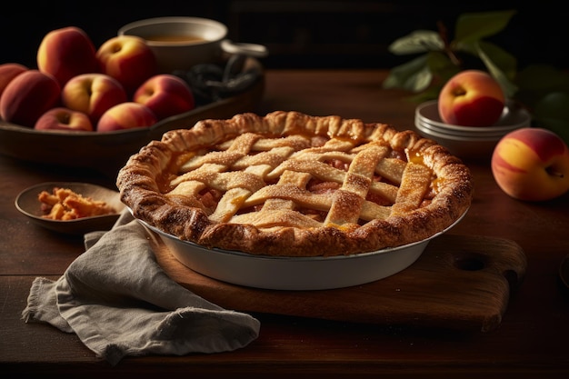 A peach pie sits on a table next to a bowl of peaches.