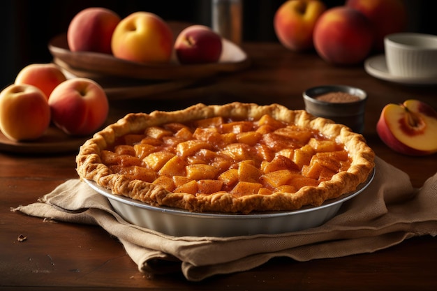 A peach pie sits on a table with a bowl of peaches behind it.