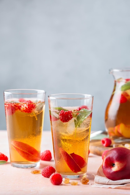 Peach raspberry iced tea summer refreshing drink beverage cocktail