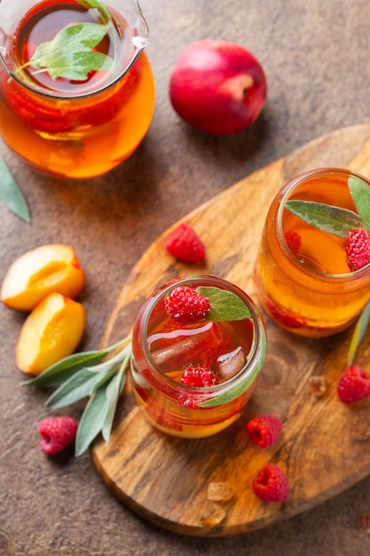 Peach raspberry iced tea summer refreshing drink beverage cocktail