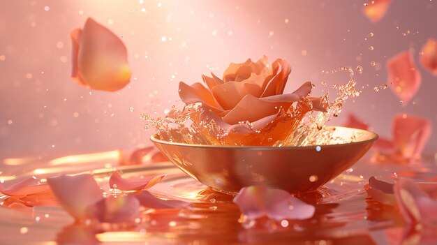 Peach Rose Splashing Elegantly in Golden Water Bowl