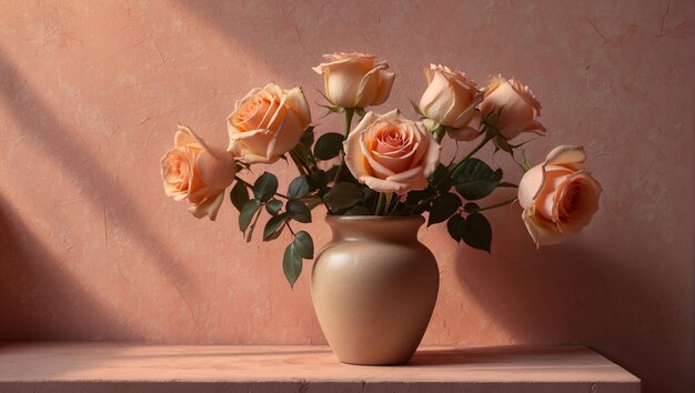 Персиковые розы в розовой вазе 24