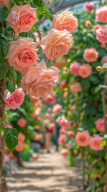 Peach Roses in Sunlit Garden Pathway