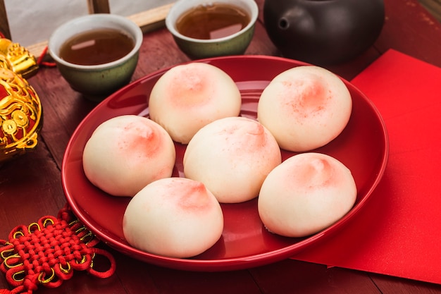 A peach-shaped birthday bun known as the Longevity Peach.Chinese specialty pastryï¼