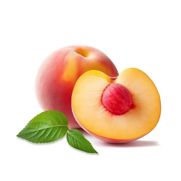 A peach and a slice of peach with green leaves on white background