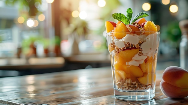 Peach slices and mint in a parfait on a transparent glass with blurry restaurant background and blank space for text or product Generative AI