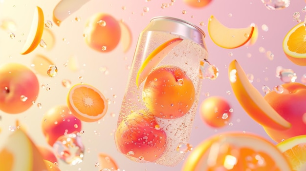 Рекламный шаблон персиковой газированной воды, иллюстрированный в 3D с геометрическими кусочками персика, плавающими в движении
