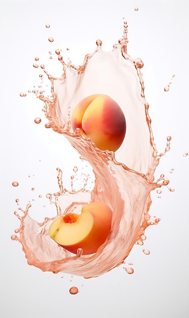 Peach and splash of water on white background