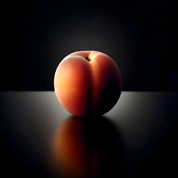 A peach on a table with a dark background