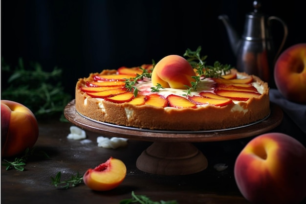 Peach tart with fresh peaches and thyme selective focus