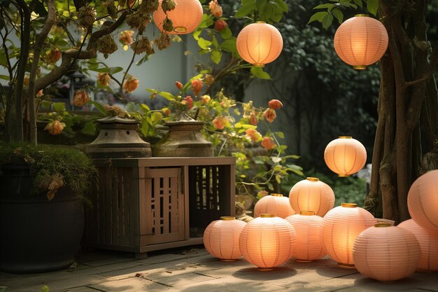 Peach themed garden party with peach colored paper lanterns