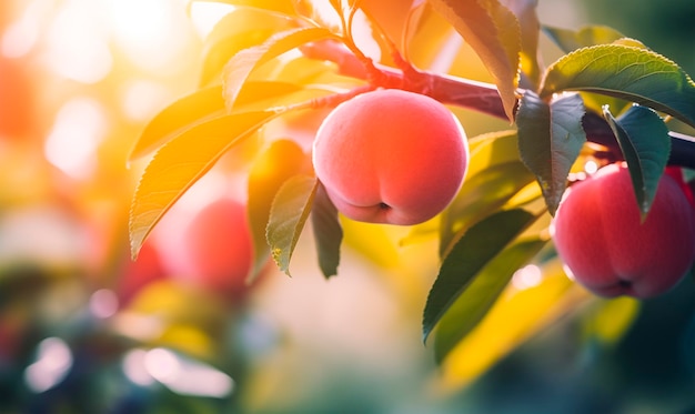 Peach tree close up fruit orchard background with copy space ai generated