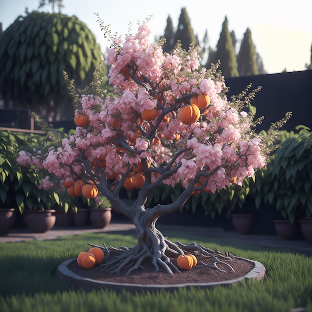AIが生成した活気に満ちた庭園の中心に立つ桃の木