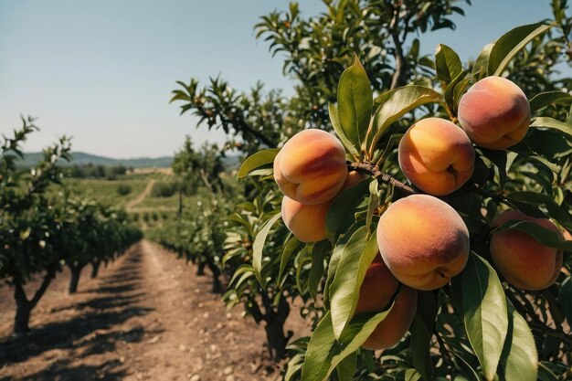 Photo peach on a tree with a peach orchard in the background