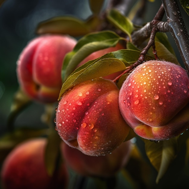 A peach tree with water droplets on it