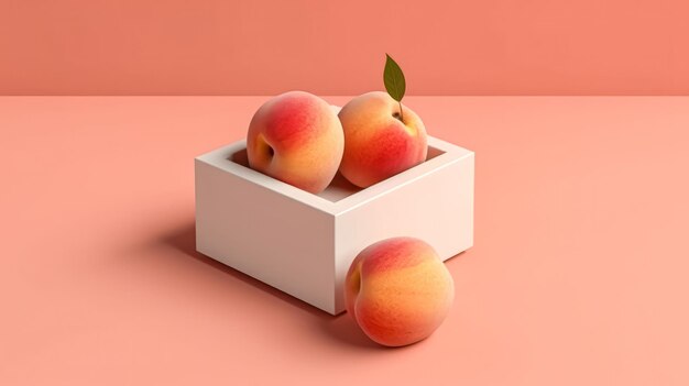 Персик на белом кубике на нежном фоне