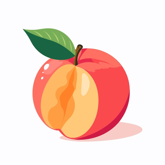 A peach with a green leaf on it and a red and yellow on the bottom.