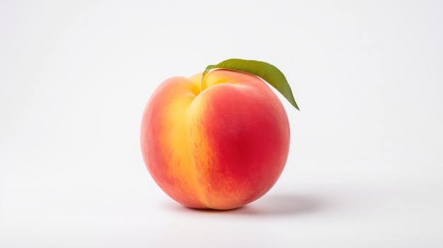 a peach with a green leaf on it