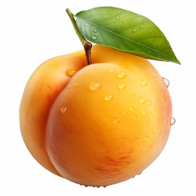 A peach with a green leaf on it