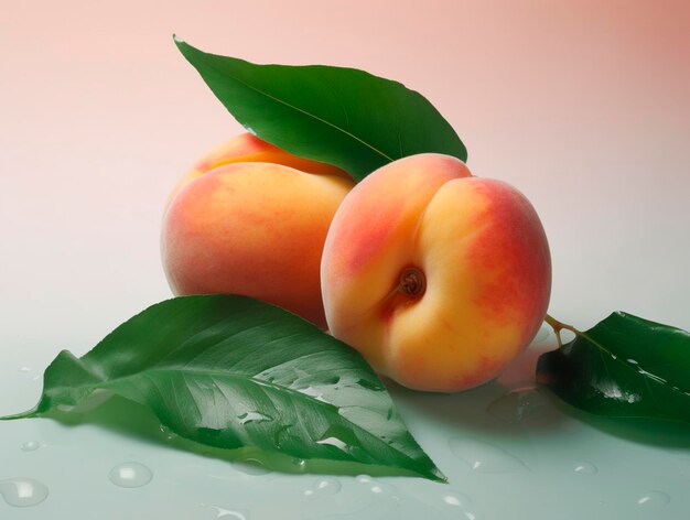 A peach with green leaves on it