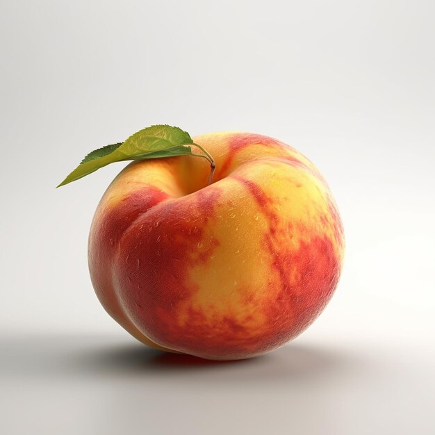 A peach with a leaf on it is on a white background.