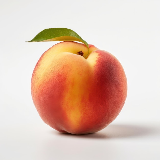 A peach with a leaf on it is on a white background.