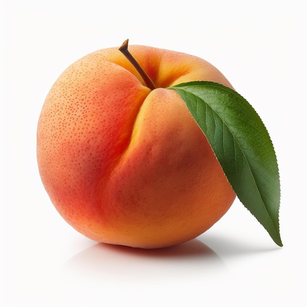 A peach with a leaf on it