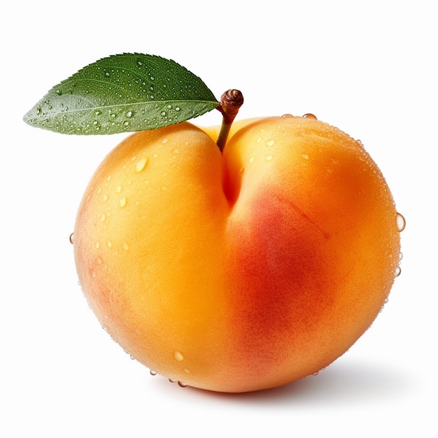 A peach with a leaf on it