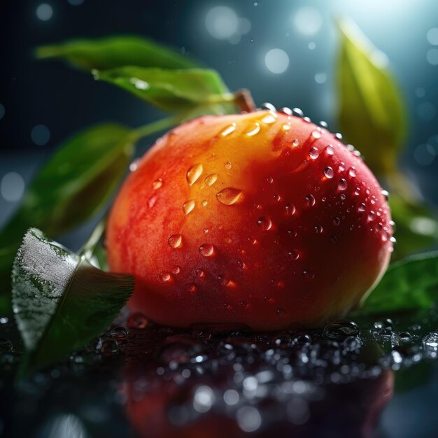 A peach with water droplets on it