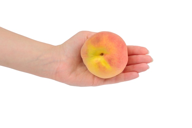 Peach in woman hands isolated on white background.