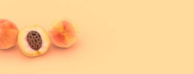 Peach on a yellow background, 3d illustration