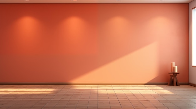 A peachcolor wall with a front view a two candles stands on a wooden floor