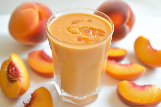 Peachcolored smoothie in a glass surrounded by peach slices