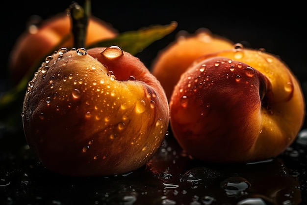 Peaches on a black surface with water droplets on them