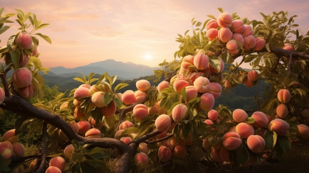 Peaches in the farm field AI generative