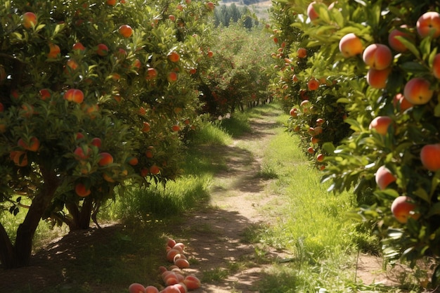 Персики, растущие на дереве в летнем саду с созревшими фруктами, свет заката, натуральные фрукты