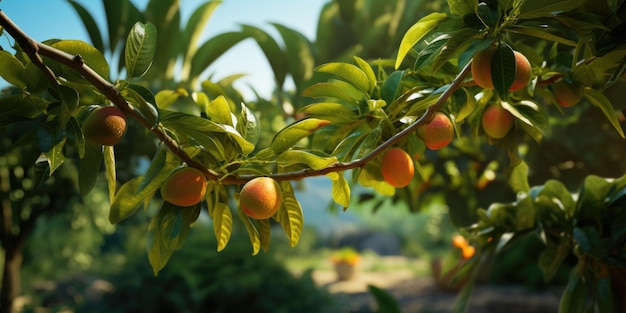 Peaches growing on a tree in summer Delicious and healthy organic food Generative AI