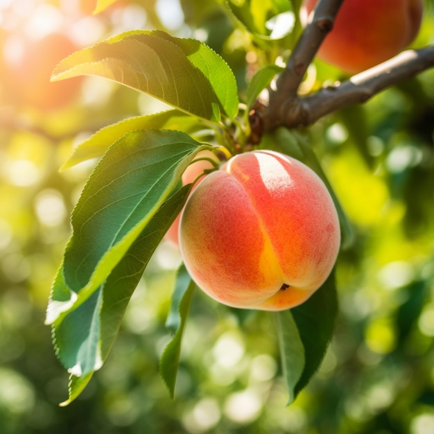 Peaches hanging on a tree branch with sun shining through the leaves.