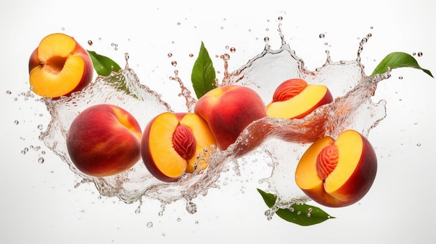 peaches in juice splash isolated