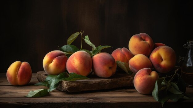 Peaches in a plate on the table Still life AI generative