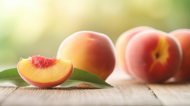 Peaches on a table with leaves on the table