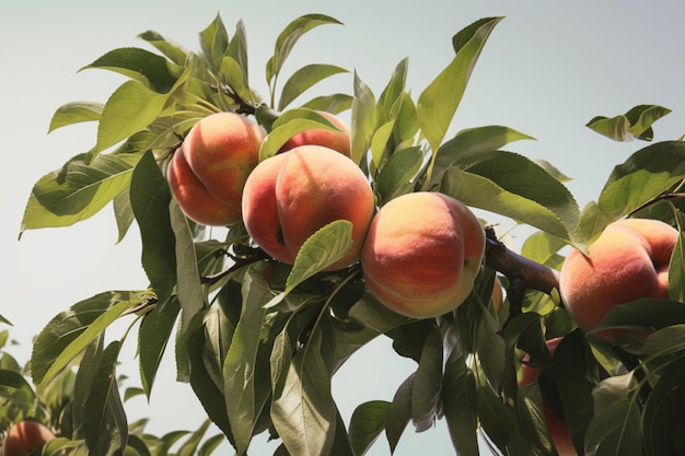 Peaches on a tree in the garden closeup generative ai