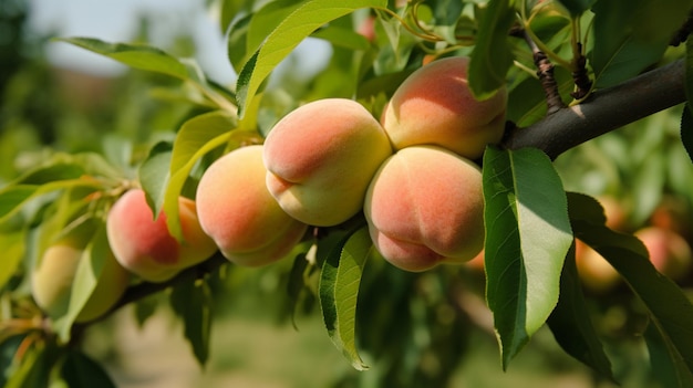 Peaches on a tree in a garden