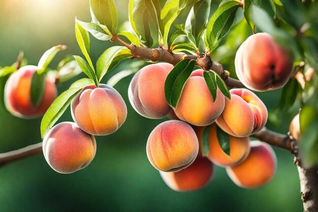 peaches on a tree with the sun shining through the leaves