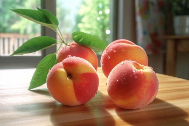 Peaches with water drops on table against blurred nature background closeup